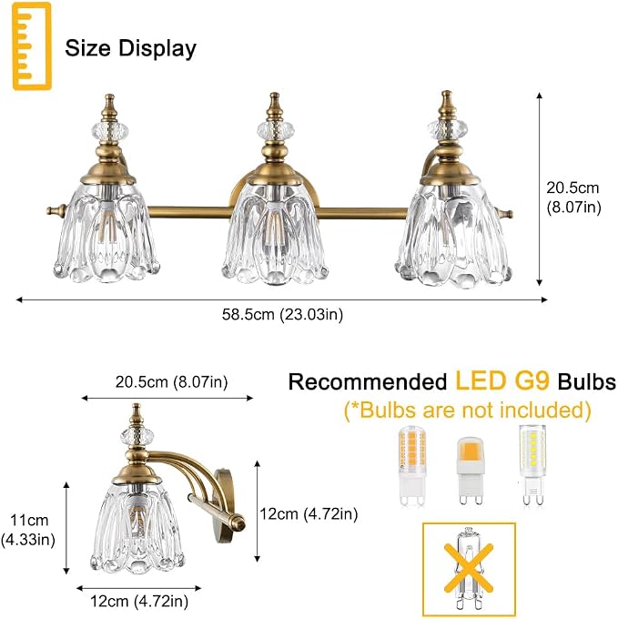 Brushed Gold Bathroom Vanity Light, Farmhouse Brass Bathroom Light Fixtures Over Mirror, 3 Light Vanity Lighting Fixtures, Flower Glass Shade Wall Sconce Lighting