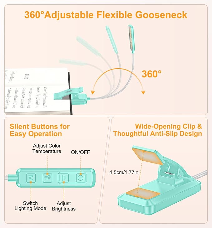 Gritin 2026 Gen 2 Book Light for Reading- 30 Eye Caring Full Spectrum LED | 5 Colors & 5 Brightness, Adjustable Wide/Narrow Beam, Upgrade 1500mAh Long-Lasting Rechargeable Clip on Light-Blue