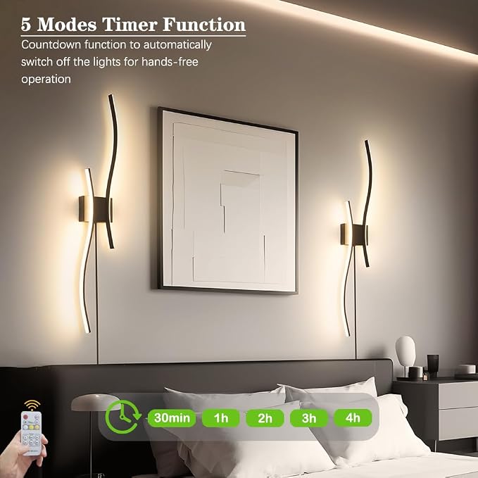 Daunton Modern Black Plug in Wall Sconces Set of 2 - Smart Dimmable LED Wall Lights with Remote, 3CCT Adjustable & Memory Function, Timer Setting - No Wiring Needed for Living Room, Bedroom, Hallway