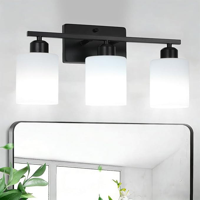 3-Light Bathroom Vanity Light Fixtures, Black Modern Vanity Light Over Mirror, Modern Wall Light with Milky White Frosted Glass Shade for Bathroom Bedroom Living Room Kitchen Hallway