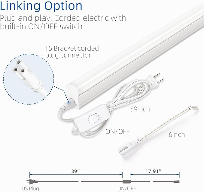 LED Under Cabinet Lighting, 1FT, 5W, 6000K, 500lm, Under Counter Lights for Kitchen, Shop, Corded Electric withON/Off Switch (Pack of 2)