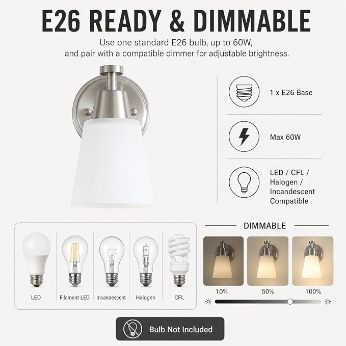 1-Light Bathroom Vanity Light, Brushed Nickel Finish Wall Sconce with Milk Glass, Over Mirror, for Bathroom Vanity