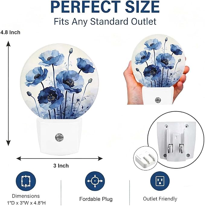 Night Light Watercolor Blue Flower Night Lights Plug into Wall Auto on/off | Tulip Floral Plug-in Night Light with Dusk to Dawn Sensor, Energy Saving Nightlight for Hallway Kitchen Living Room