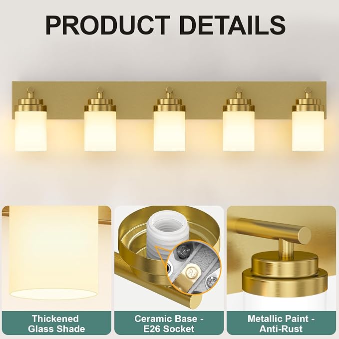 IZORRO Bathroom Vanity Light Fixture, 5-Light 36 Inch Gold Bathroom Light Fixtures Over Mirror, with White Glass Shade, Modern Farmhouse Vanity Lights, Rustic Restroom Lighting Fixtures
