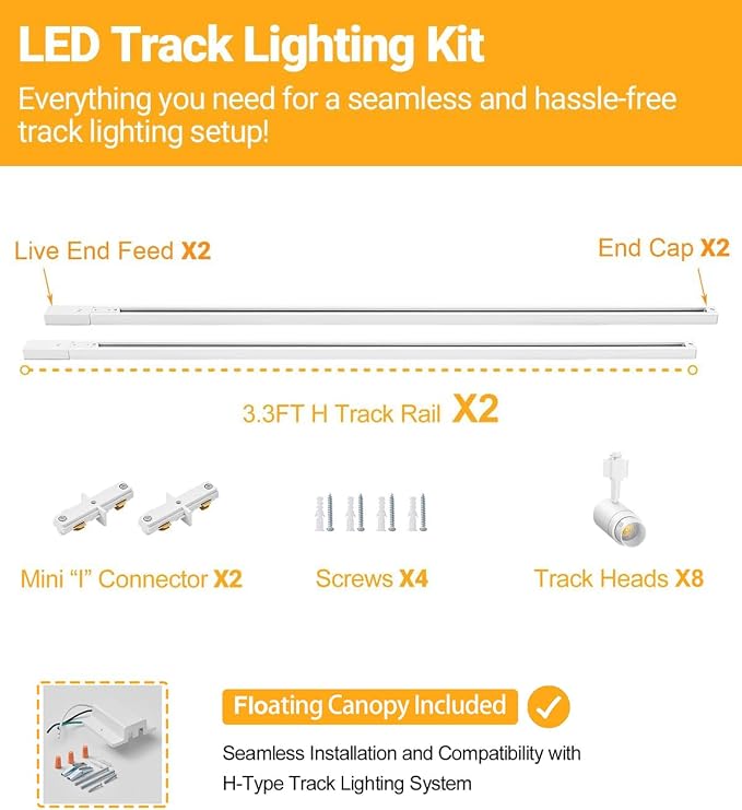 Zoomable 8-Light LED Track Lighting Kit with 6.6FT H Track Lighting Rail & Floating Canopy Connector, Modern Kitchen Track Lighting Fixtures Ceiling Spotlight, 12W Track Heads 4000K White