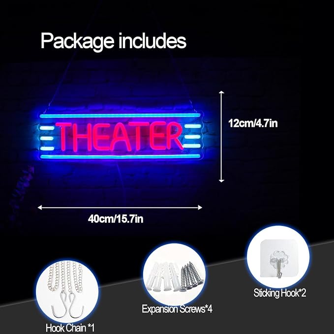 Theater Neon Sign - USB Powered LED Sign, 12x40cm | Retro Night Light, Home Theater Decor, Stage Backdrops, Cafe Bars