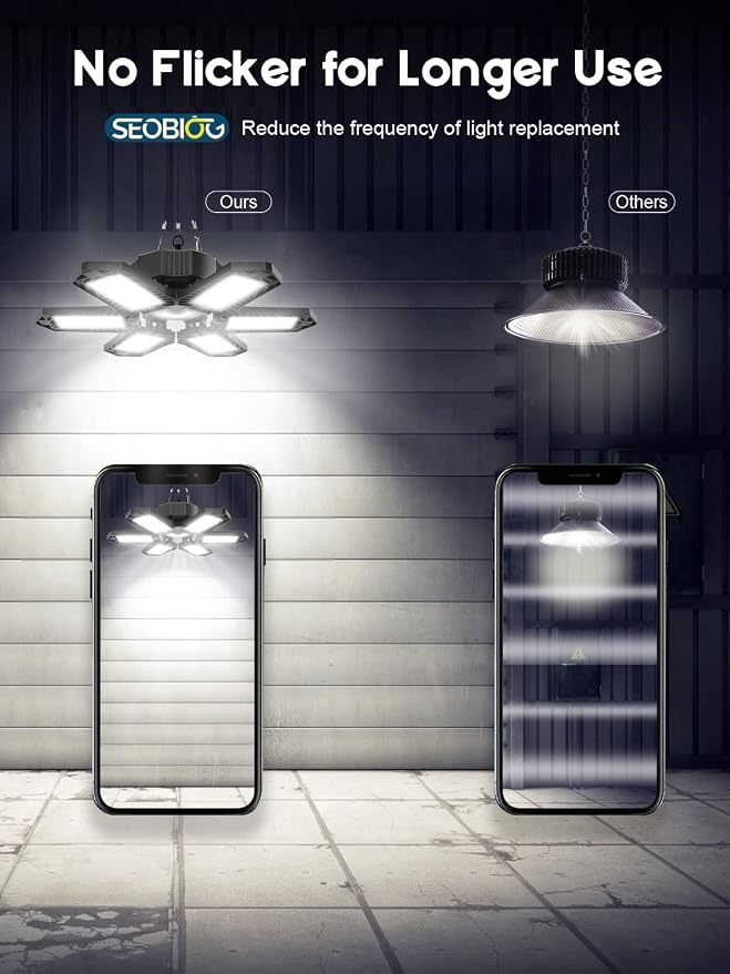 SEOBIOG 2 Pack Plug in Garage Light, 20000LM Shop Light Bay Lighting 6500K | 200W Ultra Bright, Linkable Design, 6 Deformable LED Panels, for Garage workshop Basement