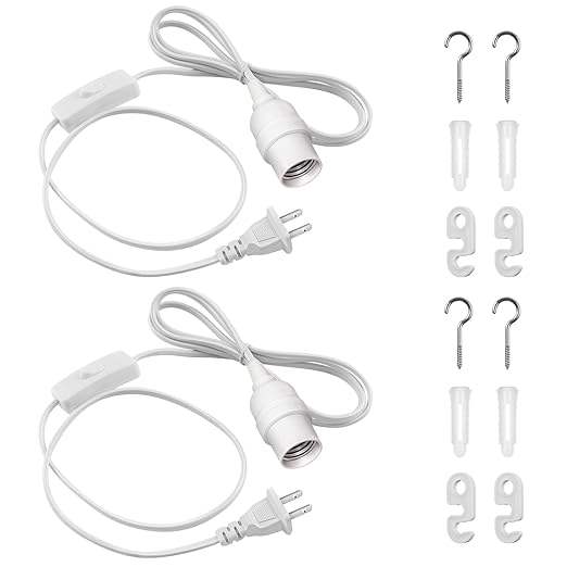 DiCUNO Hanging Lantern Extension Cord Cable, E26 Pendant Light Socket On Off Inline Cord Switch Control Lamp, Switch Close to Polarized Plug, 6.6 Feet (2M), White, 2-Pack