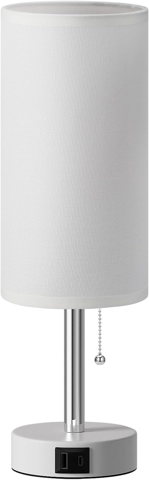 White Bedside Table Lamp for Bedroom - Small Nightstand Lamp for Girls | 3 Color Temp, USB A+C Ports, LED Bulb Included, Soft White Fabric Shade, Matte White Metal Base, 14" Desk Lamp for Kids Dorm