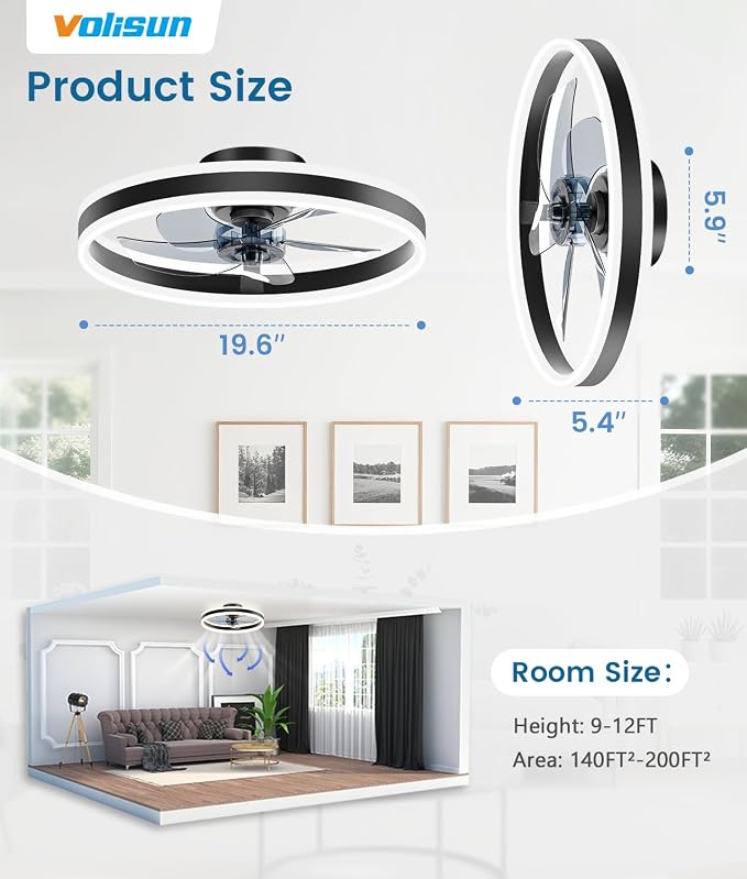 VOLISUN Low Profile Ceiling Fans with Lights and Remote, 20in Flush Mount Ceiling Fans with Light, 3000K-6500K Dimmable Fandelier LED Fan Light, Black Bladeless Ceiling Fans with Lights for Bedroom