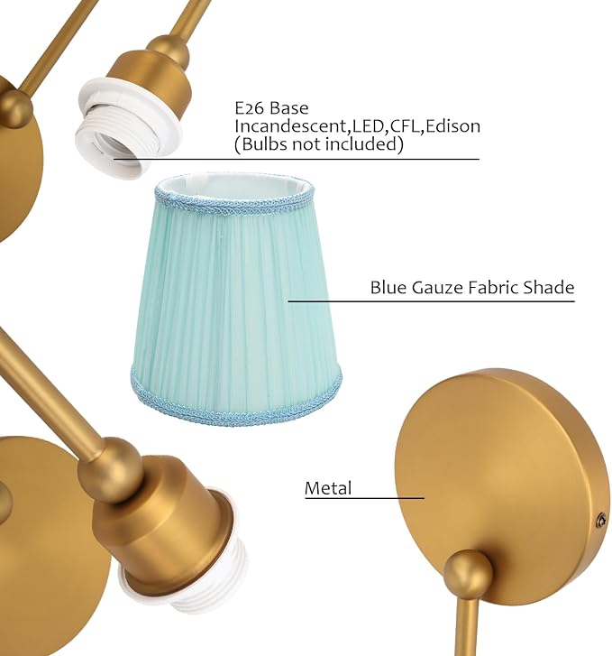 Vintage Set of 2 Fabric Wall Sconce Blue Gauze Cloth Shade, Hardwired Curved Arm Bathroom Vanity Lights, Indoor Wall Decor Lamp for Living Room, Kitchen, Bedroom, Foyer
