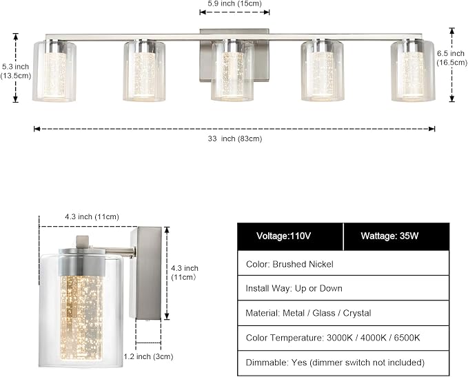 SineRise 5-Light Brushed Nickel Vanity Light with 3 Color Modes (3000K/4000K/6000K), Eye Protection LED Bathroom Light Fixture, Dimmable Modern Wall Light Over Mirror with Clear Glass Shade