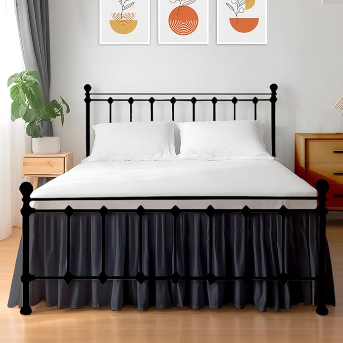 Shreem Linen Ruffled Bed Skirt with Split Corners, Gathered Style, 100% Microfiber, 12-Inch Drop, Dust Ruffle Bedskirt with Platform, Queen, Dark Grey