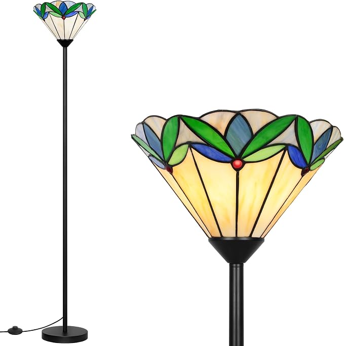 Stained Glass Floor Lamp with Tree Leaf Pattern, Vintage Style Torchiere Floor Lamp, Tall Corner Pole Lamp with Foot Switch, Antique Decorative Standing Reading Light for Living Room Bedroom(E26 Base)
