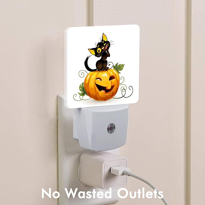 Black Cat on Pumpkin Night Light,Halloween Plug into Wall with Dusk to Dawn Light Sensors,LED Nightlights for Bedroom,Bathroom,Kitchen,Hallway,Room Decor for Boys Girls Women Men