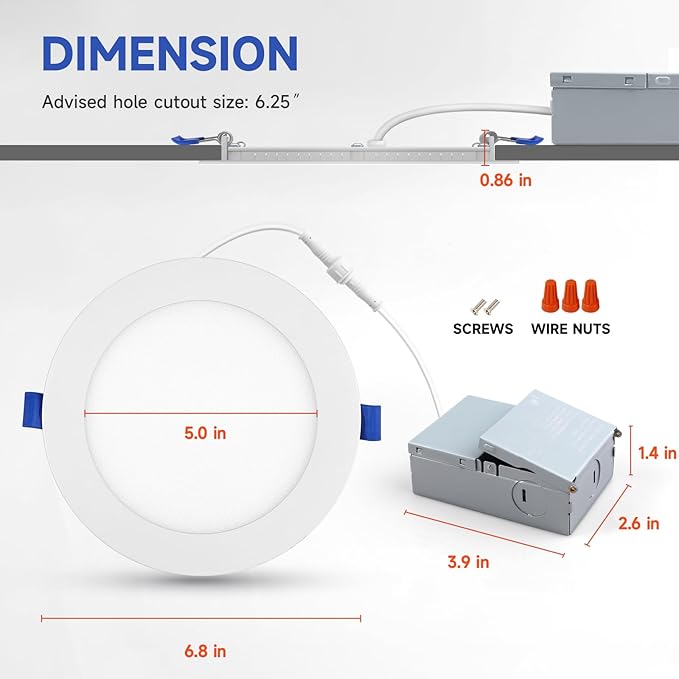 ECOELER 6 Inch Ultra Thin LED Recessed Ceiling Lights, Smooth Trim Canless Downlight,12W 1100Lm 5000K Daylight, Dimmable, Wafer Thin, Slim LED Panel with Junction Box, ETL Listed, 6 Pack