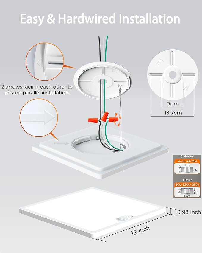 Annaror 2Pack 12in Motion Sensor Ceiling Light Wired with 3 Timer White | 3000K 4000K 5000K Selectable，24W 2400LM Flush Mount Square Motion Ceiling Light for Closet Porch Stairs Hallway , Auto/ON/G