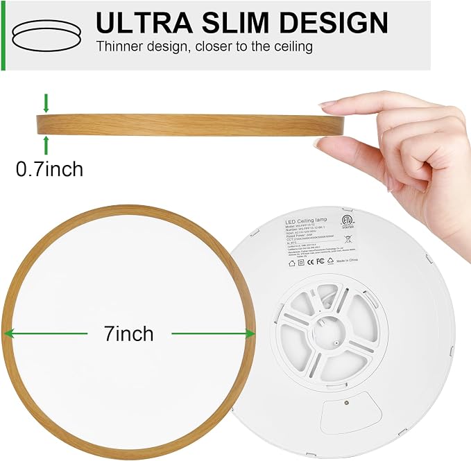 LED Flush Mount Ceiling Light: 7 inch 1Pack Super Slim Dimmable & 5CCT (2700-6500K) Kitchen Lighting Fixtures Ceiling - 12W Wooden Low Profile Ceiling Lamp for Bedroom Garage Hallway