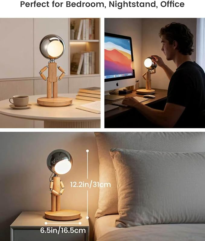 Rechargeable Cordless Desk Lamp, Touch Nightstand lamp, Dimmable | Beech Wood, 3 Color Temperatures, Stepless Dimming, Creative Table Lamp, Office Lamps, Bedroom Decor, Unique Gift