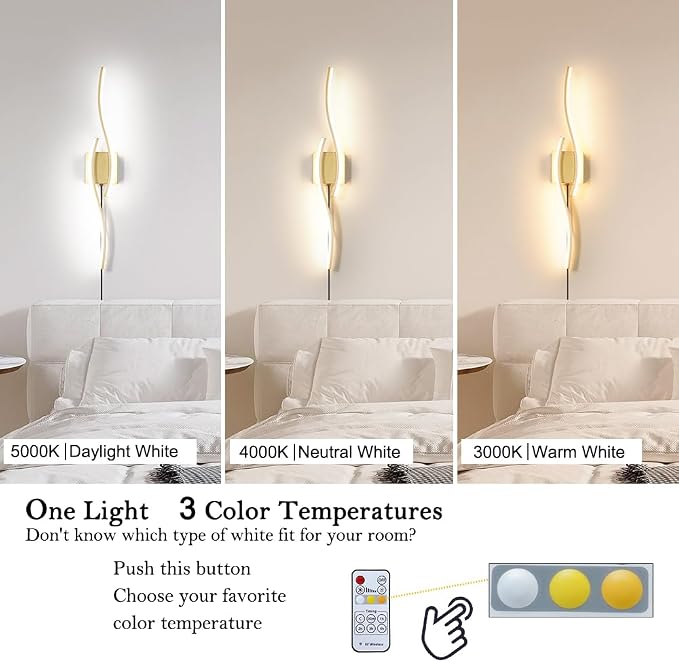 Daunton Modern Gold Plug in Wall Sconce Set of 2, Indoor Dimmable Light Fixture with Plug in Cord for Living Room, LED Sconces Lighting with Remote Control, Wall Lighting Decor for Hallway Bedroom