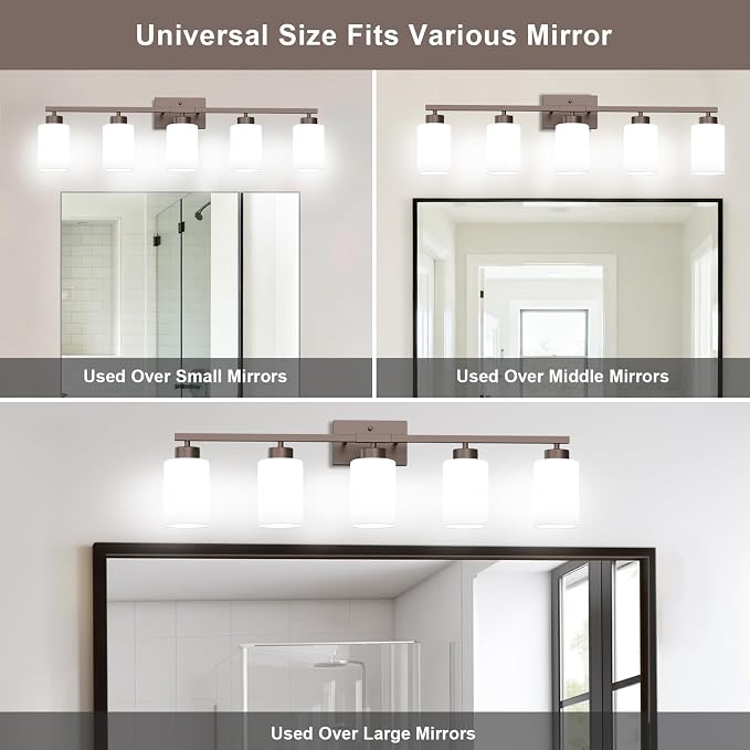 IZORRO Modern Bathroom Light Fixtures, 5 Light Oil-Rubbed Bronze Vanity Lights, Bathroom Lighting Fixtures Over Mirror with White Glass for Living Room Cabinet Bedroom