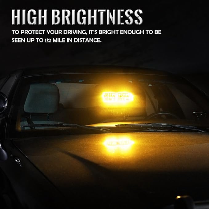 Xprite Amber LED Emergency Dash Strobe Light, Interior Windshield Safety Warning Traffic Lights w/Suction Cups, 12V Windshield Visor Light Bar for Construction Trucks Snow Plows Postal Security Cars