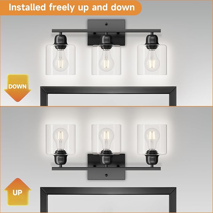 Modern 3 Light Bathroom Light Fixtures, 19 inch Black Vanity Lights For Bathroom With Clear Glass, Bathroom Lighting Fixtures Over Mirror For Mirror Kitchen Living Room Hallway Cabinet Porch