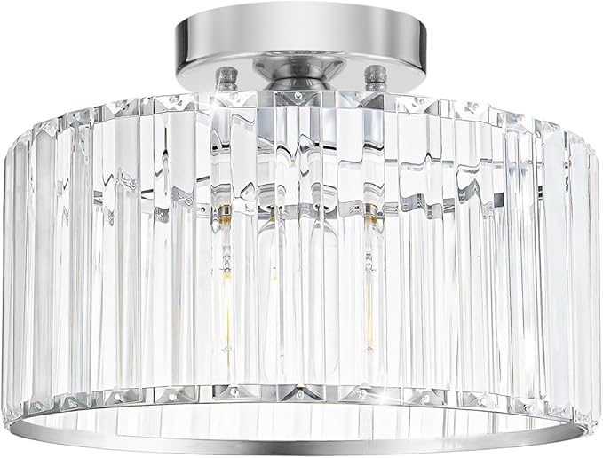Crystal Ceiling Light Fixture, Chrome Close To Ceiling Light Fixtures, Modern Semi Flush Mount Ceiling Light, Hallway Lighting Fixture Chandelier for Bathroom Bedroom Porch Kitchen Living Room, 11in