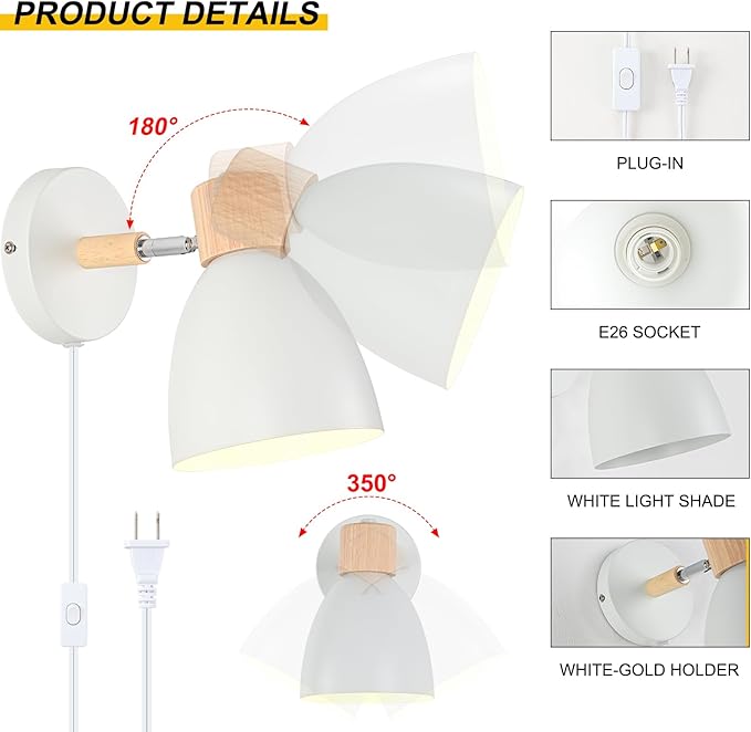 Wall Sconces Plug in, Swing Arm Wall Lamp with Power Cord, White Plug in Wall Lighting Fixtures Set of Two, Bedside Wall Mounted Reading Lamp with Switch, for Bedside Bedroom Hallway