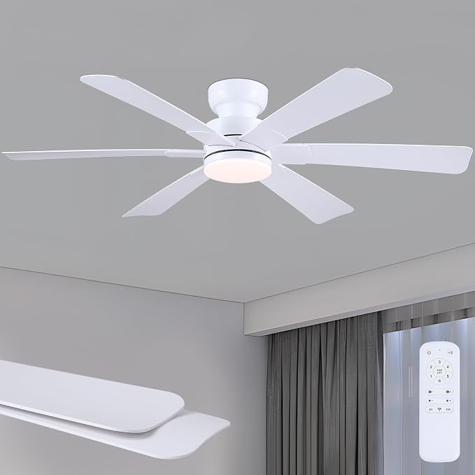 Asyko 52" White Modern Low Profile Ceiling Fan with LED Light and Remote | Flush Mount,Super Large Airflow with 6 Wind Speeds, Reversible, Dimmable 3 CCT LED Light, Quiet 30W DC Motor,2H Timer