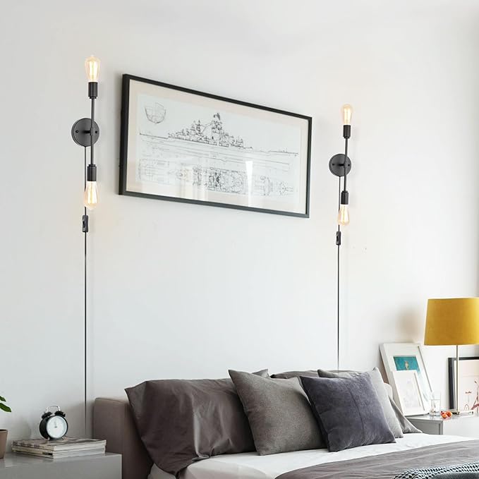 2-Light Black Bathroom Vanity Light Fixtures，Modern Industrial Wall Light Fixtures with On/Off Switch Cord, Plug in Wall Sconce Set of Two for Living Room Bathroom Farmhouse Dining Room