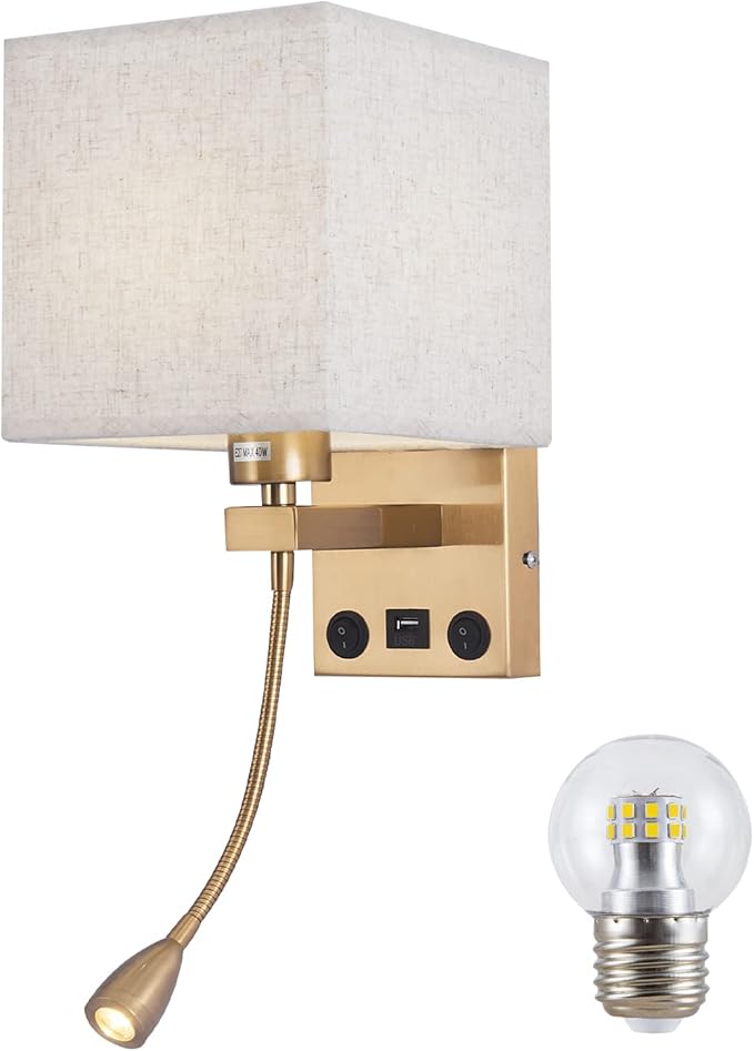 Wall Sconces, Hardwired Wall Lamp with USB Port White Fabric Shade Bedside Wall Lights with Reading Lamp for Bedroom Living Room Hotels and Office (Gold)