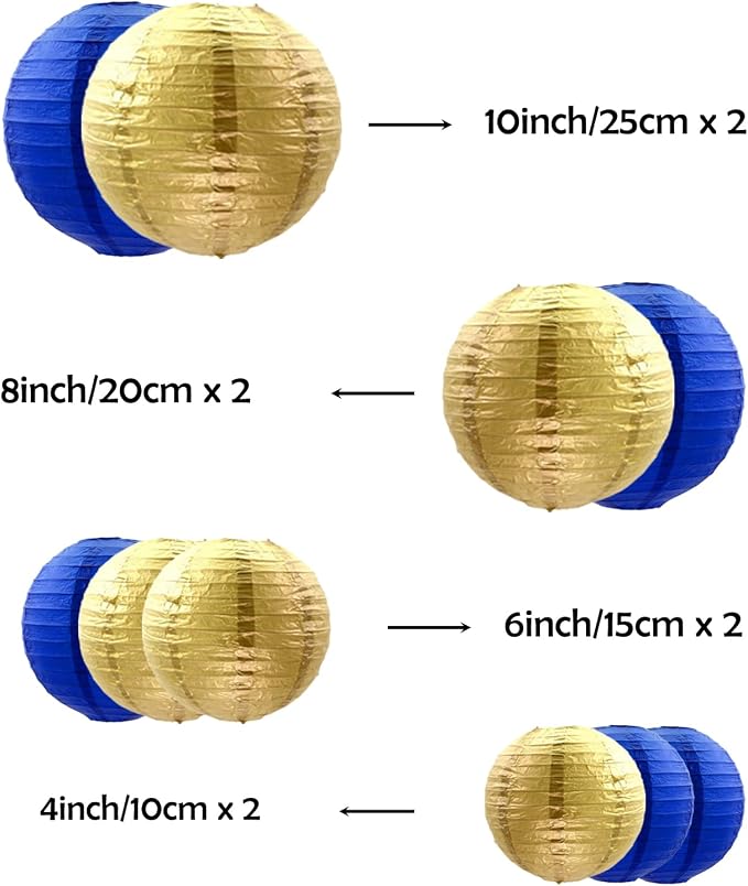 ZOOYOO 10Pcs Paper Lanterns,Blue Gold Round Hanging Tissue Paper Lanterns Decorations for Kids Birthday,Graduation,Ramadan,Eid Party Garden Home Decor