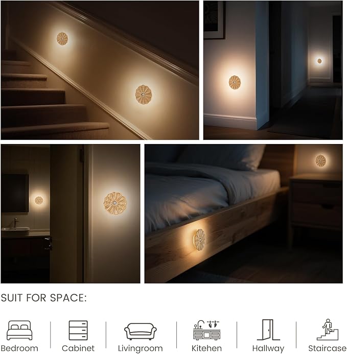 Flower Night Light with Motion Sensor, 2 Pack Rechargeable Night Lights | Ash wood, Backlit Soft Glow, Flower Motion Sensor Light, Stick-on Magnetic Lights for Stair, Hallway, Bedroom, Living Room