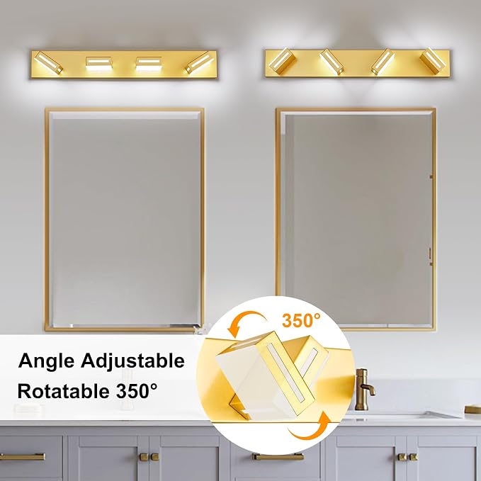 LED Modern Bathroom Light Fixtures, 4-Light 30-Inch Gold Vanity Lights for Bathroom Lighting Fixtures Over Mirror, 6000K Cool White 350° Rotatable Wall Lamp