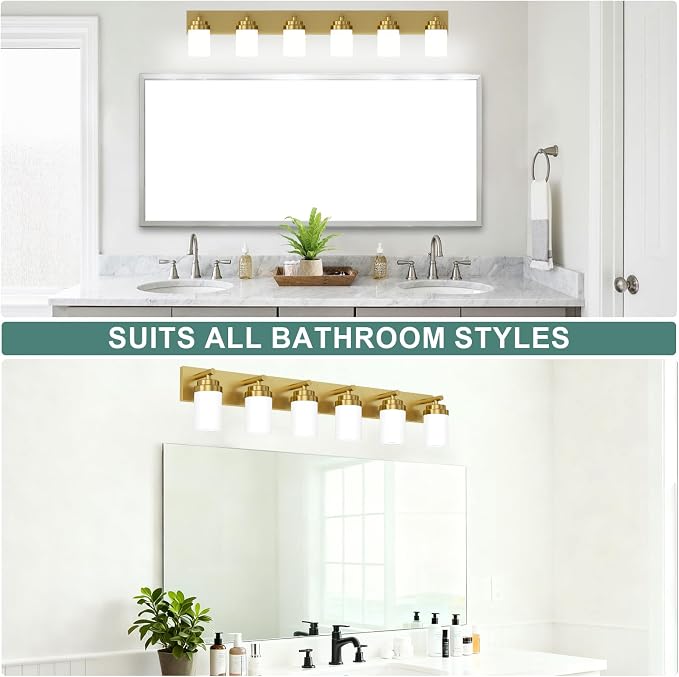 IZORRO Bathroom Vanity Light Fixture, 6-Light 46 Inch Gold Bathroom Light Fixtures Over Mirror, with White Glass Shade, Modern Farmhouse Vanity Lights, Rustic Restroom Lighting Fixtures