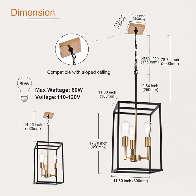 3 Light Vintage Industrial Pendant Light, Lantern Cage Chandelier in Black and Brushed Brass Finish Classic Hanging Kitchen Lighting for Foyer Dining Room Kitchen Island, Bedroom
