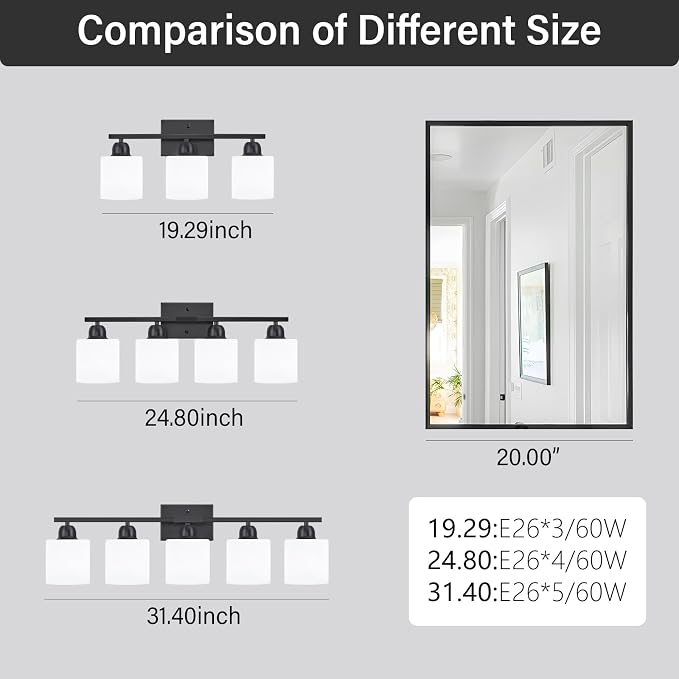 5-Light Black Bathroom Vanity Light, Black Vanity Light with Milky White Frosted Glass Shades, Modern Vanity Light Fixture for Bathroom Mirror, Bedroom, Living Room, Hallway, Vanity Table, E26 Base