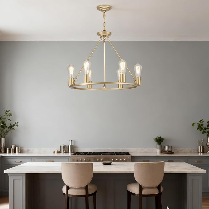 6-Lights Gold Chandelier | Dia 24'' Farmhouse Wagon Wheel Chandelier | Rustic Hanging Dining Room Light Fixture | Apply to Living Room | Kitchen Island | Entryway | Foyer
