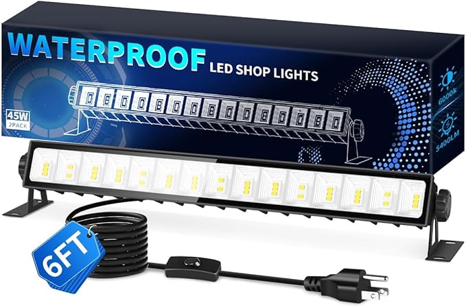 IP66 Waterproof 45W LED Shop Lights, 5400LM 6000K Daylight White Garage Light with 6FT Power Cord & Switch, Plug in LED Work Light for Garage, Workshop, Warehouses, Basement, Yard,1 Pack