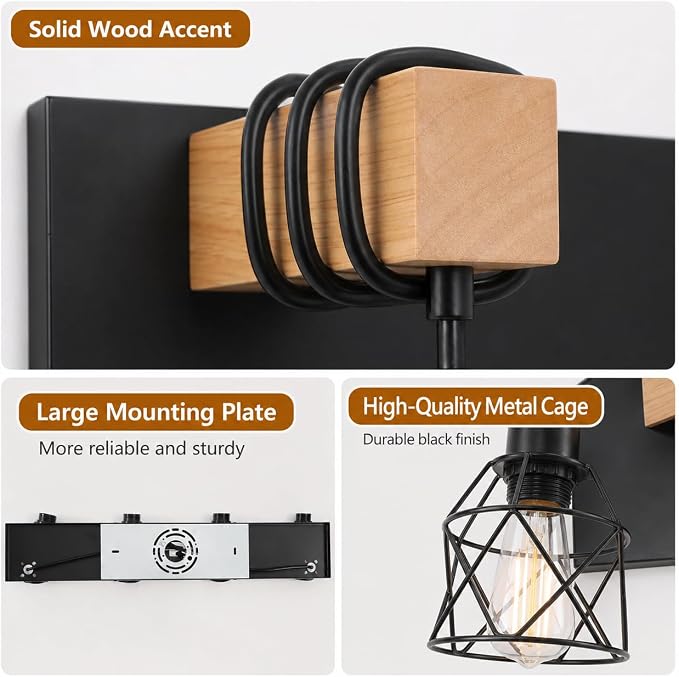 Farmhouse Vanity Light Fixture,4-Light Bathroom Lighting,Black Industrial Wood Wall Light Over Mirror with Metal Shade,LED Bulbs Not Included