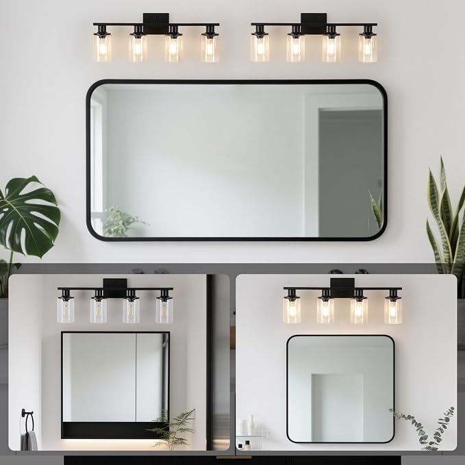 Matte Black Bathroom Light Fixtures Over Mirror,4-Light Bathroom Vanity Light with Clear Glass Shade,Modern Farmhouse Wall Sconces Lighting for Mirror Kitchen Living Room Cabinet