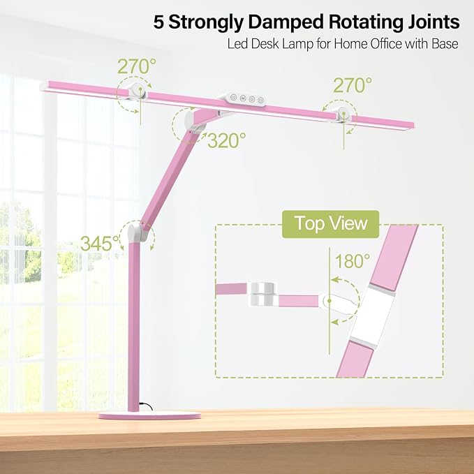 Led Desk Lamp with Base, Adjustable Tall Architect Desk Light for Home Office with Flexible Swing Arm, 24W Pink Bright Table Lamp Auto Dimming Computer Light for Workbench