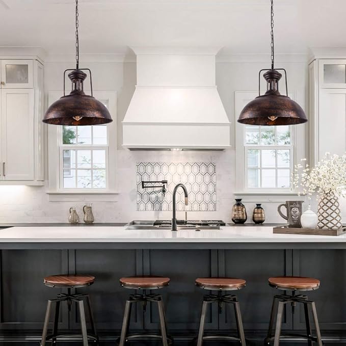 Lingkai 16.14" Farmhouse Pendant Light, Rustic Vintage Hanging Light Fixture Barn Dome Lampshade Ceiling Mount Lamp for Kitchen Island Dining Room
