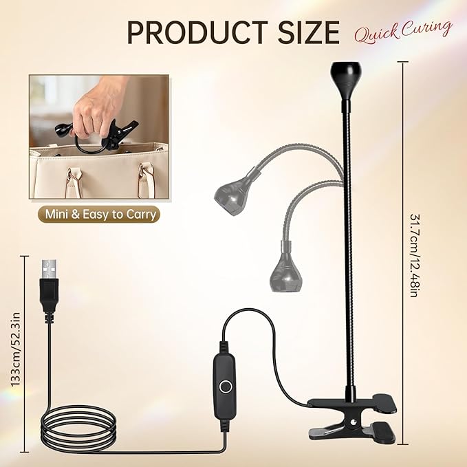 AORAEM Nail Lamp LED Nail Manicure Dryer Curing Light with Black Gooseneck and Clamp for Gel Nails
