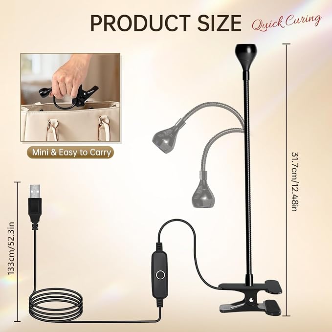 AORAEM 3W LED Nail Lamp with Clamp and Flexible Gooseneck for Gel Nails | Includes UV Protection Gloves for Gel Polish Curing, Salon and Home DIY