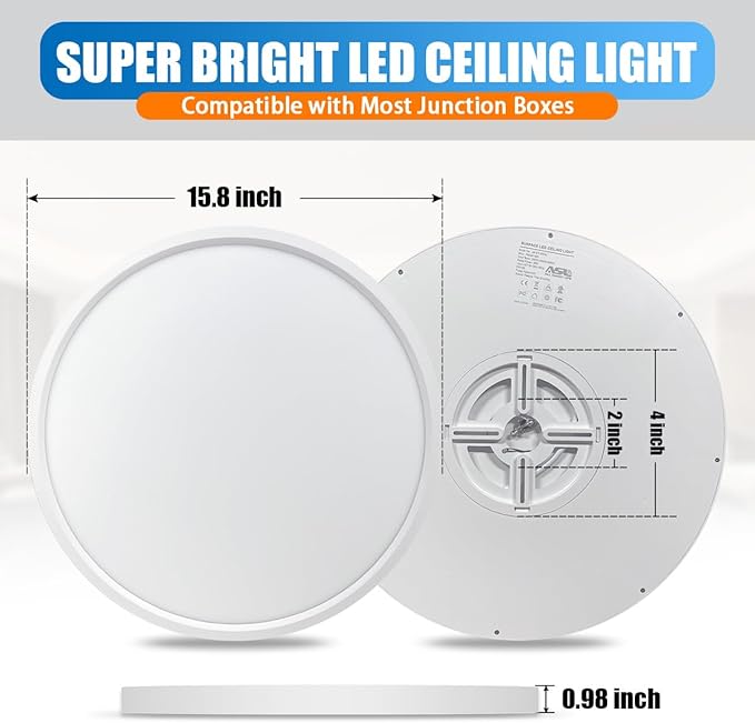 Allsmartlife LED Flush Mount Ceiling Light Fixture 1 Pack, 15.8 inch 32W 4320lm Flat Ceiling Light, 3000K/4000K/6500K, Round Ceiling Light Fixture for Bedroom, Living Room, Kitchen