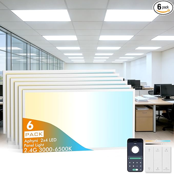6 Pack 2x4 LED Flat Panel Recessed Light 70W 7700LM, Wireless Switch APP Control, 3000K/4500K/6500K Adjustable Night Mode Ultra-Thin LED Lighting for Office Garage School