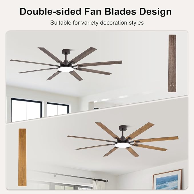 80 Inch Ceiling Fans with Lights and Remote, Bedroom Living Room Office Library Cafe Outdoor Industrial, 5CCT Dimmable, Dual Color 8 Blades 6 Speed Reversible Quiet DC Motor, Brown/Wood Grain
