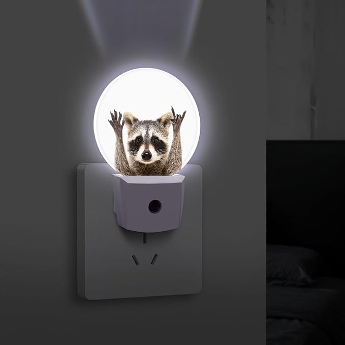 Round LED Night Light,Funny Cute Raccoon LED Night Light Plug into Wall with Dusk to Dawn Light Sensor White Energy Efficient Nightlight for Bedroom Bathroom Hallway Living Room Kitchen